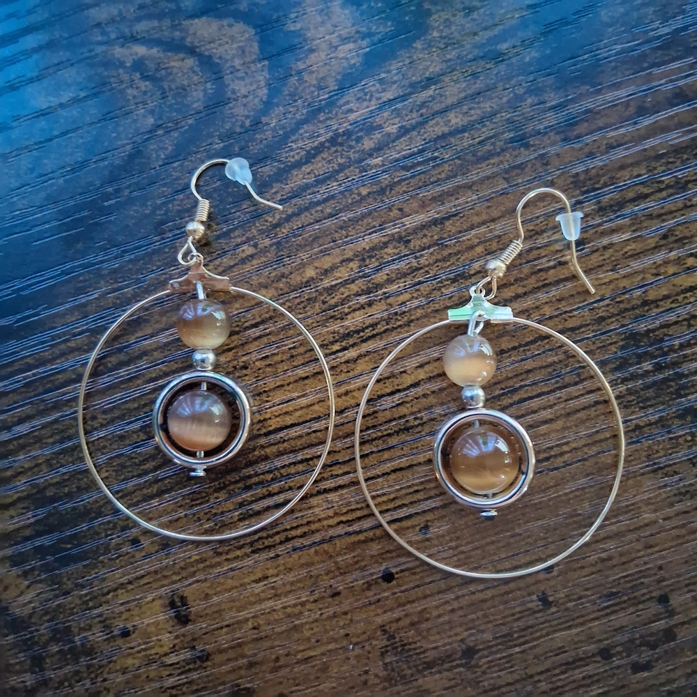 Gold-Tone Brown Bead Hoop Drop Earrings - Women Jewelry
